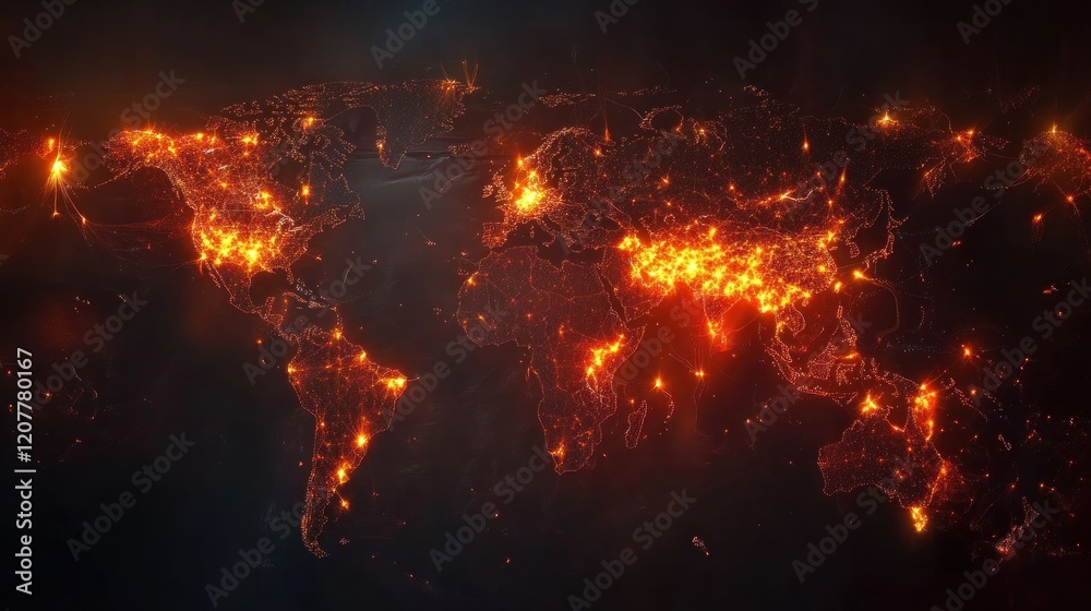 Glowing Map of the World with Firefly Effect Overlays at Nighttime Glowing Map of the World with Firefly Effect Overlays at Nighttime