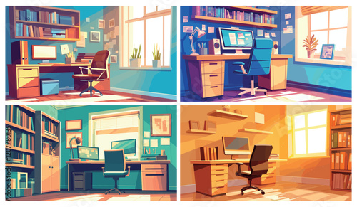 Office room. Cartoon home workplace interior with desk computer window chair documents, work business study room vector illustration