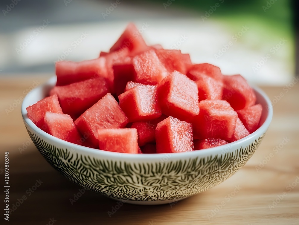 A bowl of fresh, juicy watermelon cubes, perfect for a summer snack or refreshing dessert. Close-up of watermelon slices in bowl on table
A bowl of fresh, juicy watermelon cubes, perfect for a summer snack or refreshing dessert. Close-up of watermelon slices in bowl on table