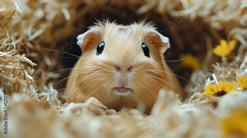 Curious guinea pig peeking from a bed of straw in a cozy enclosure