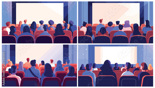 People at cinema. Flat theatre audience sitting in chair rows rear view, empty movie screen, men women crowd in auditorium vector illustration