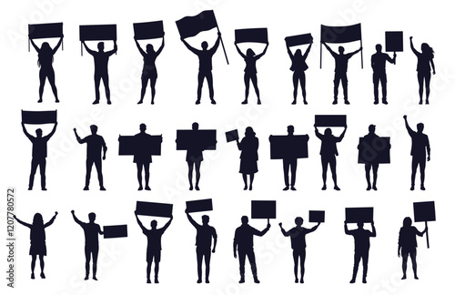 People rally silhouettes. Men women holding signs placards raising fists, crowd political demonstration protest vector illustration