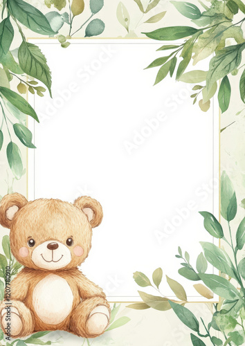 Cute teddy bear illustration surrounded by green leaves on a light background, perfect for children’s cards, invitations, or nursery decor