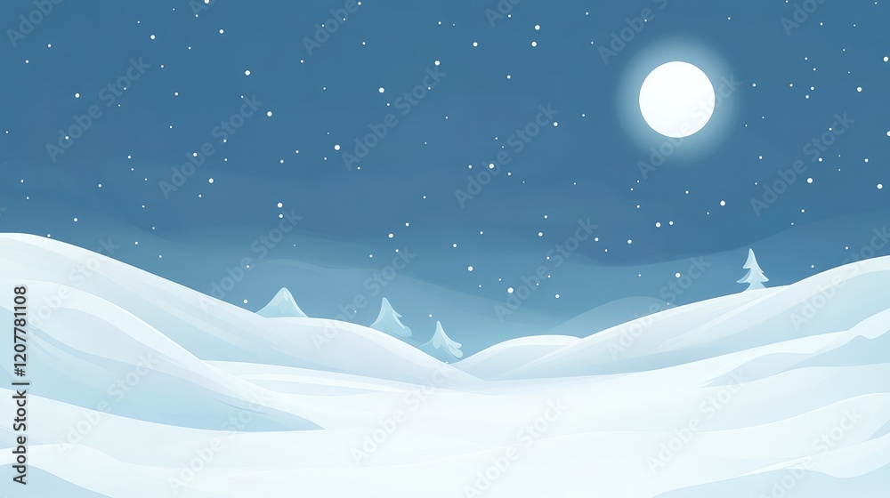 Winter landscape with snow-covered hills and a bright moon in a clear night sky Copy Space Winter landscape with snow-covered hills and a bright moon in a clear night sky Copy Space