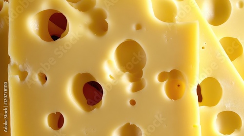 Sliced hard cheese with distinctive holes showcasing texture and color variations for culinary and food-related concepts photo