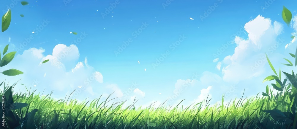 Obraz premium Vibrant green grass field with a clear bright blue sky and fluffy white clouds in the background, ample empty space for text at the top.
