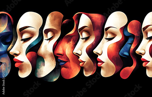 Multitude of faces of the same person expressing multiple personality or schizophrenia with an abstract illustration