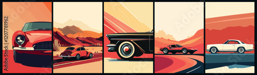 Retro car posters. Old automobile in vintage style, classic sport driving machines, transportation card design vector illustration