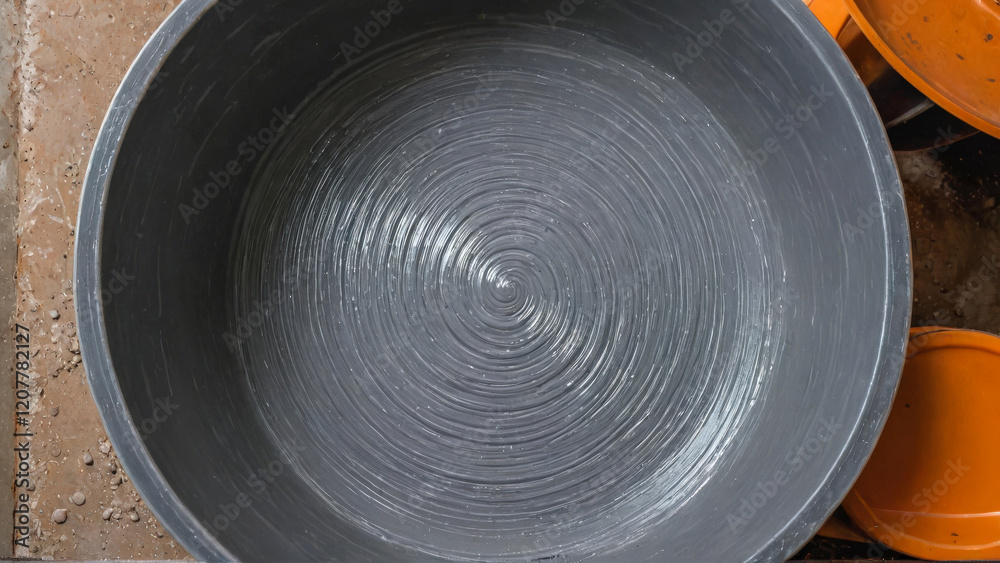 Mixing of dry building mixes with mixers. Prepared gray putty with spiral traces from construction tool in bucket. Wet mortar mixture for finishing work. Traces of rotation of tool, prints on cement. Mixing of dry building mixes with mixers. Prepared gray putty with spiral traces from construction tool in bucket. Wet mortar mixture for finishing work. Traces of rotation of tool, prints on cement.