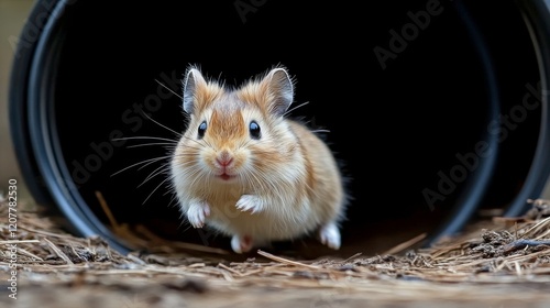 Small furry rodent hops out of dark tunnel on a sunny day in a natural outdoo...