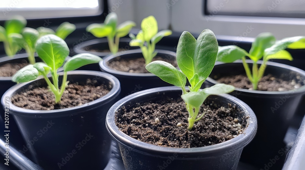 Young spinach seedlings in black pots with rich soil and bright green leaves, indoor setting with natural light, Copy Space available. Young spinach seedlings in black pots with rich soil and bright green leaves, indoor setting with natural light, Copy Space available.