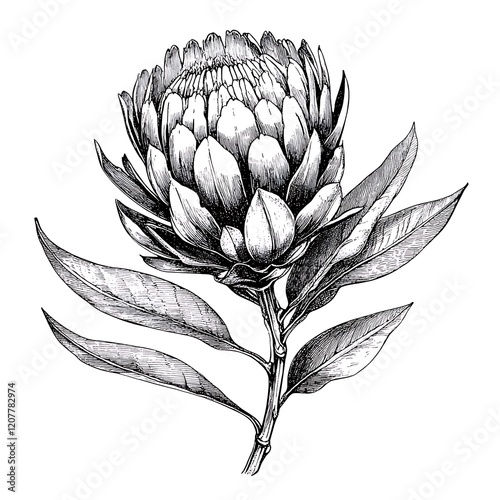 Detailed monochrome ink drawing of a protea flower.