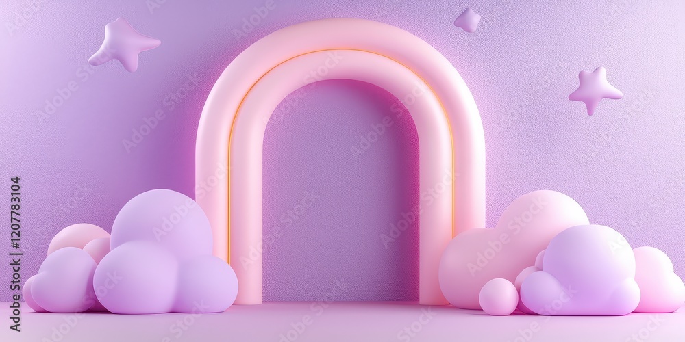 A colorful pastel rainbow arch with fluffy clouds against a soft purple background. A colorful pastel rainbow arch with fluffy clouds against a soft purple background.