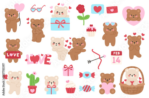 Romantic Bear Sticker Collection with Valentine Elements Icons