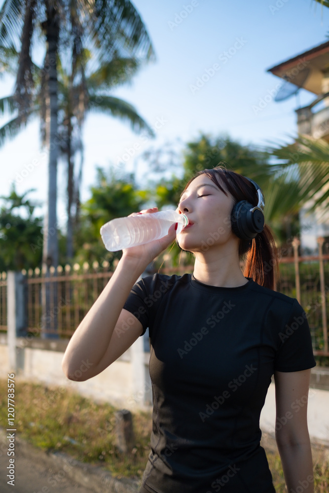 A woman is drinking water while wearing headphones A woman is drinking water while wearing headphones