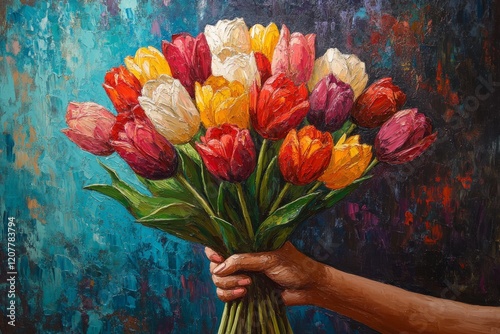 Vibrant hand holding bouquet of diverse tulips against colorful background wi...