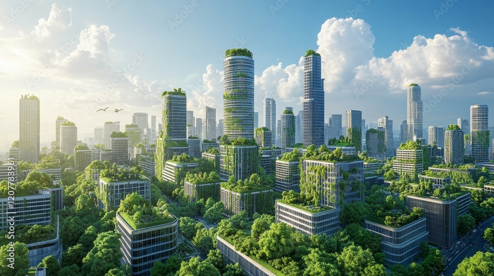 Obraz premium Sustainable Urban Future: Eco-Friendly AI-Powered Cityscape in Natural Tones