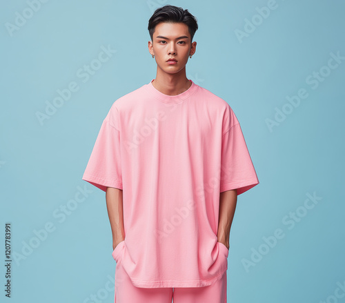 A man in a pink shirt stands in front of a blue background. The shirt is short and the man's arms are folded. Concept of casualness and simplicity photo