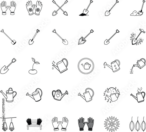 Gardening tools icons gloves, shovels, watering cans, and sprouts