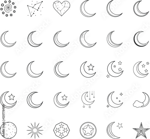 Celestial Moon Icons Stars, Sun, Galaxy, Crescent, Design Elements