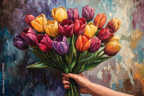 Vibrant hand holding bouquet of diverse tulips against colorful background wi...