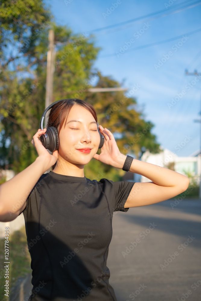 A woman wearing headphones and a black shirt A woman wearing headphones and a black shirt