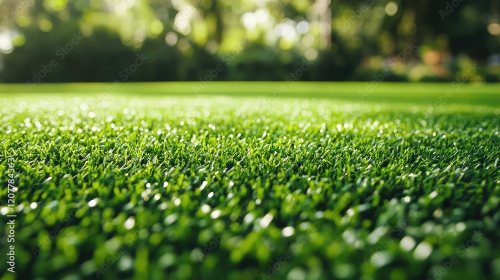 Close-up view of lush green grass in a well-maintained garden with soft sunlight creating a natural bokeh effect Copy Space