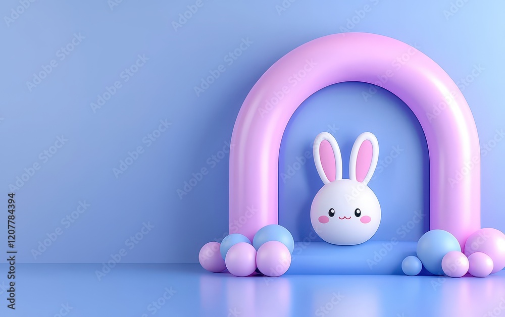 Obraz premium A cute bunny peeks from a colorful balloon arch against a pastel blue background.