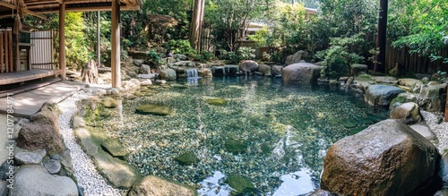 Serene Freshwater Reflection at Shinto Shrine Purification Water Basin Surrounded by Lush Greenery with Tranquil Stone Elements and Copy Space photo