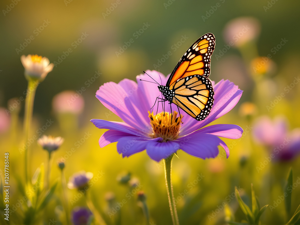 A majestic monarch butterfly gracefully perches on a purple flower in golden light A majestic monarch butterfly gracefully perches on a purple flower in golden light