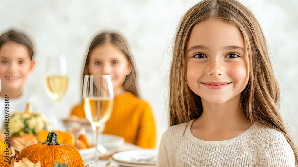 Young Girl Smiling at Festive Table with Friends Enjoying Autumn Harvest Celebration Meal Young Girl Smiling at Festive Table with Friends Enjoying Autumn Harvest Celebration Meal