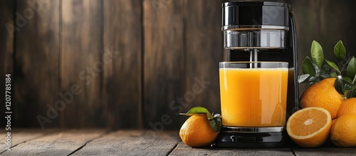 Freshly Squeezed Orange Juice in Modern Citrus Press with Ripe Oranges on Rustic Wooden Surface with Vibrant Orange Color and Empty Space for Text
