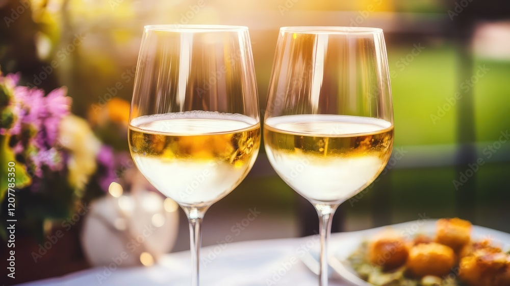 Two glasses of white wine on a table with colorful flowers and a plate of food in the background with natural sunlight and copy space. Two glasses of white wine on a table with colorful flowers and a plate of food in the background with natural sunlight and copy space.