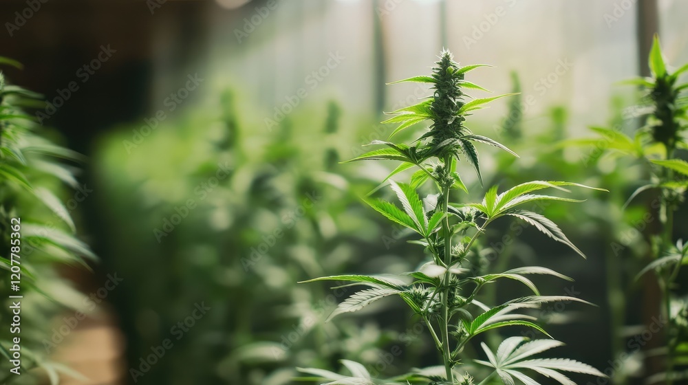 Naklejka premium Cannabis plant in a greenhouse with blurred foliage in the background and natural light; Copy Space available