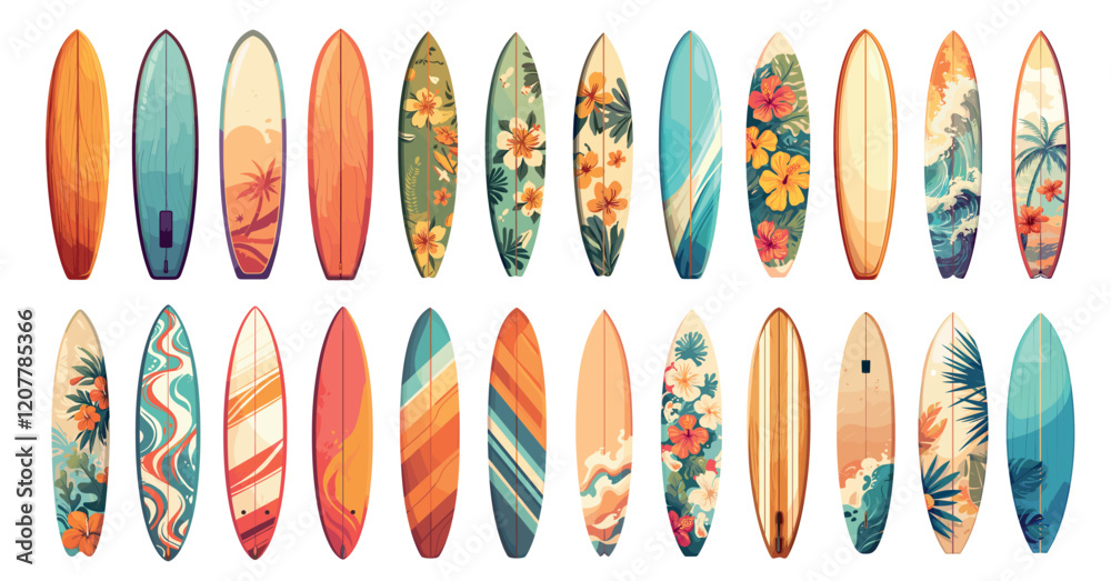 Surfboard designs. Vibrant surfer wood boards with tropical patterns stripes floral decorations, summer beach ocean sports equipment set vector illustration Surfboard designs. Vibrant surfer wood boards with tropical patterns stripes floral decorations, summer beach ocean sports equipment set vector illustration