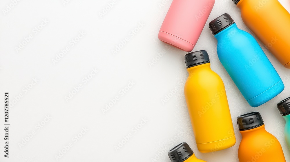 Colorful Water Bottles in Various Shades Arranged on a Light Background for Creative Beverage Designs Colorful Water Bottles in Various Shades Arranged on a Light Background for Creative Beverage Designs