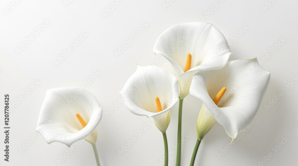 Naklejka premium Calla lilies isolated on white background as condolence card, white, spirituality