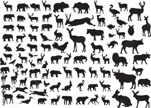 Animal Silhouette Collection: A diverse array of animal silhouettes, showcasing the beauty and uniqueness of various species. This collection includes deer, bears, elephants, lions, birds.