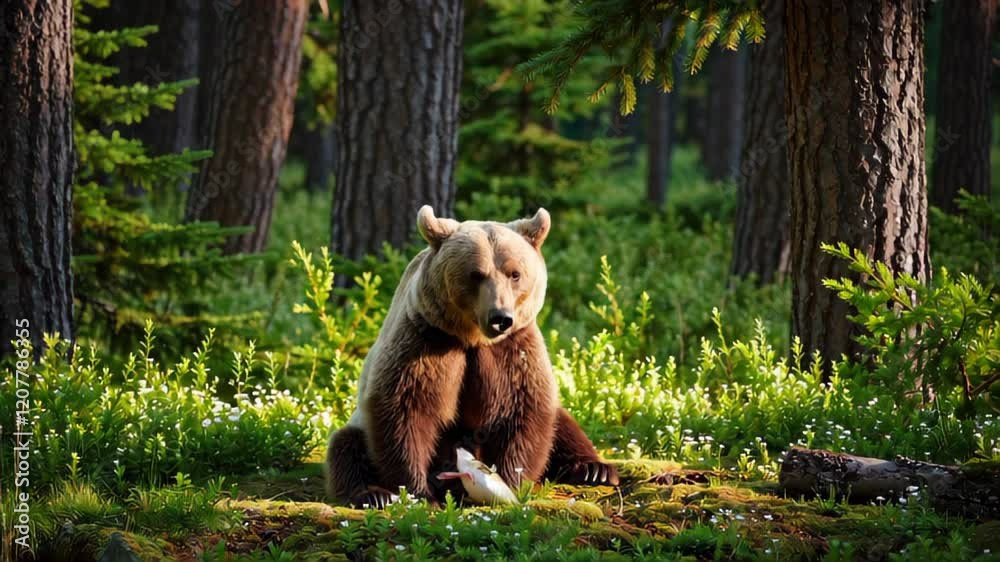 Grizzly bear resting in serene forest glade near stream during golden hour light Grizzly bear resting in serene forest glade near stream during golden hour light