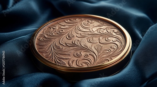 Intricate bronze ornament rests on silky blue fabric showcasing detailed designs
