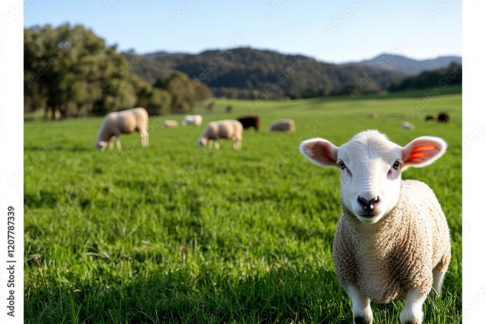 A delightful scene of playful lambs frolicking on a lush green pasture under a bright blue sky illustrates the playfulness and vitality of rural life. A delightful scene of playful lambs frolicking on a lush green pasture under a bright blue sky illustrates the playfulness and vitality of rural life.