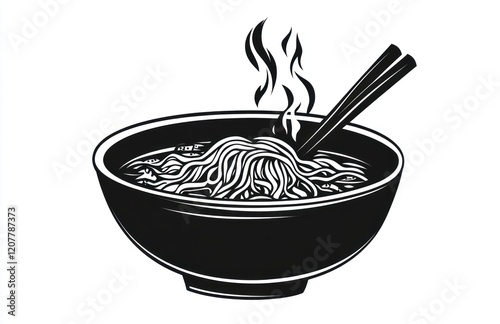 Hot ramen bowl, steaming chopsticks, graphic illustration photo