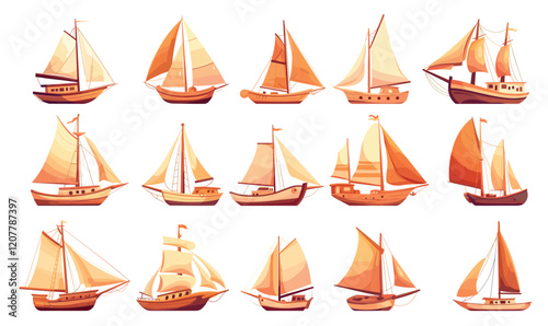 Wooden ships. Cartoon old sailboats, yacht sailing vessel boats, marine sea transport vector illustration