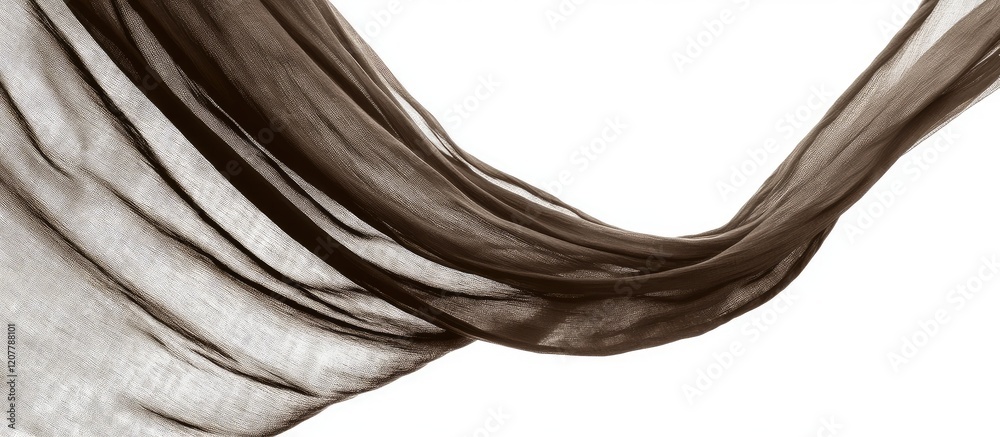 Flowing sheer brown fabric isolated on a white background with ample copy space for text inclusion Flowing sheer brown fabric isolated on a white background with ample copy space for text inclusion