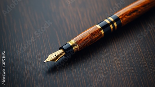 Elegant black fountain pen resting on textured wooden surface with blank paper