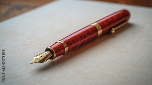 Elegant black fountain pen resting on textured wooden surface with blank paper