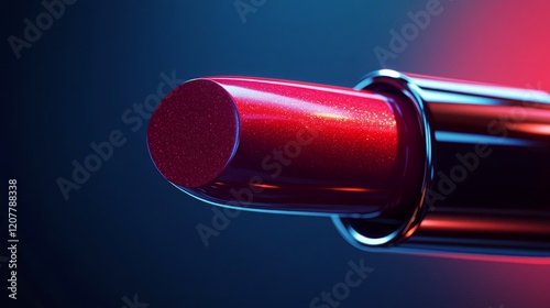 Bright red lipstick placed on reflective surface with colorful lighting effects
