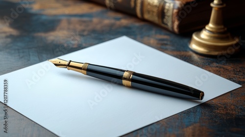 Elegant black fountain pen resting on textured wooden surface with blank paper
