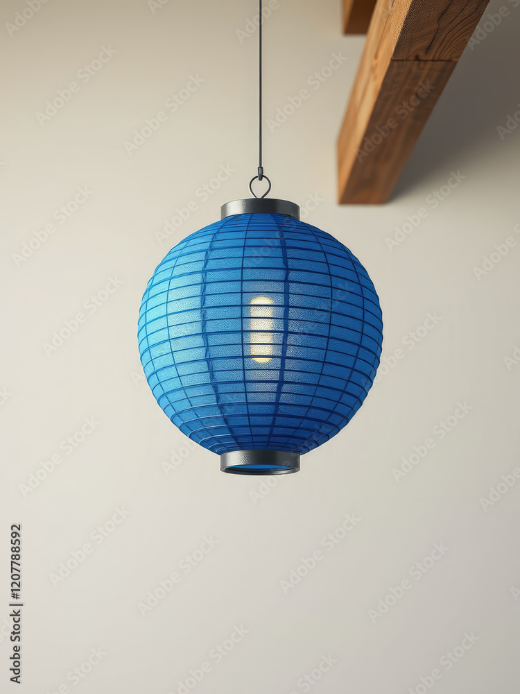 Obraz premium Blue striped paper lantern hanging from a wooden beam , outdoor lighting, nautical theme, coastal decor, wooden beam