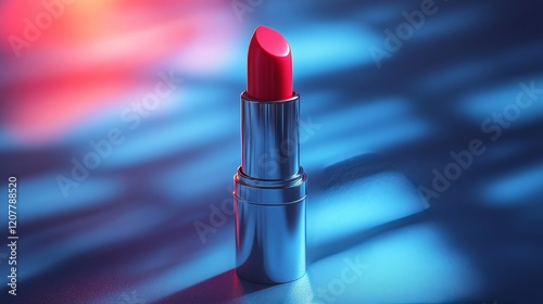 Bright red lipstick placed on reflective surface with colorful lighting effects